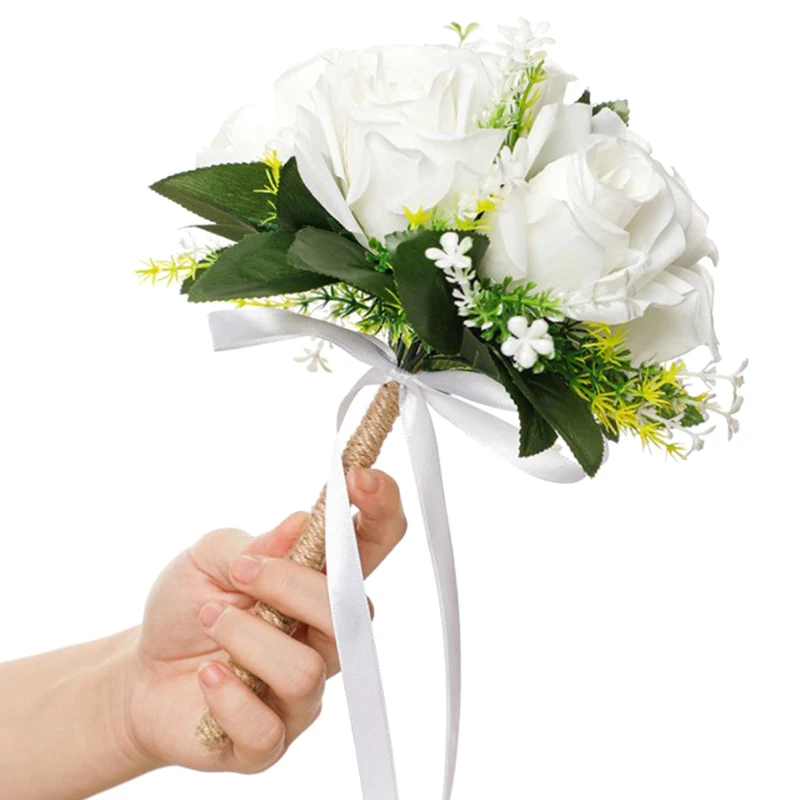 Silk Wedding Bouquets Holding Flowers Artificial Natural Rose Wedding Bouquet White Champagne Bridesmaid Bridal Party