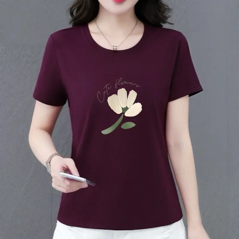 

Elegant Loose Printed Short Sleeve T-Shirt for Mom Middle-Aged Women Casual Comfortable Polyester Fiber Cover up Slimming Top