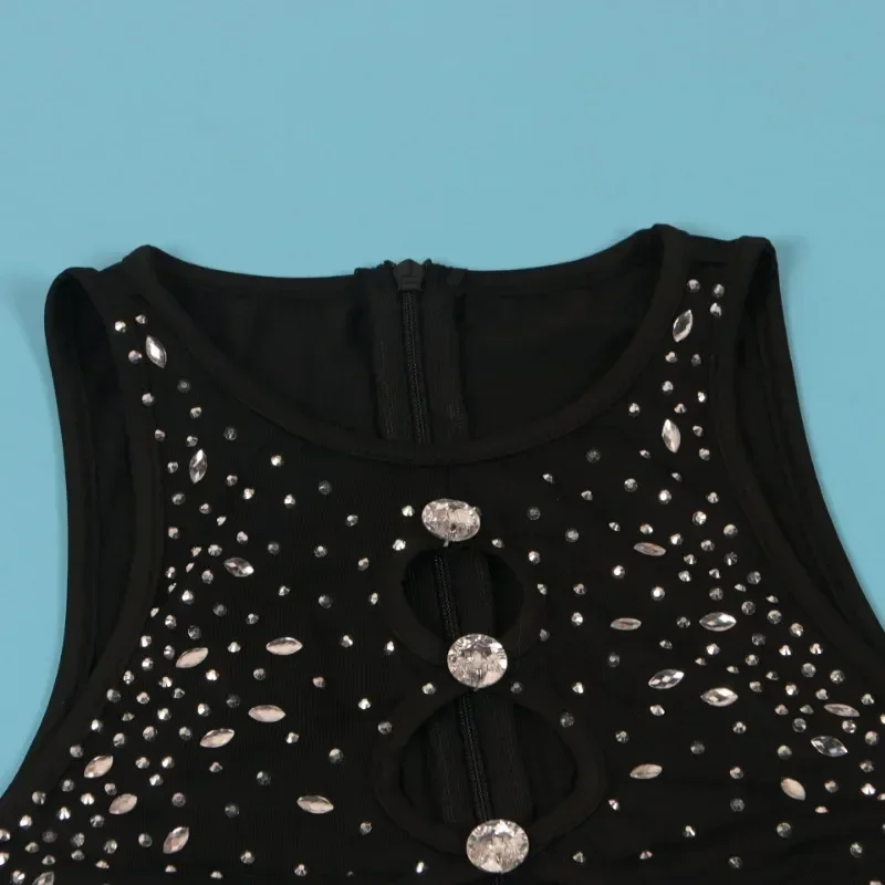 GUWU Fashion Women Hot Rhinestones O-neck Sleeveless Playsuits Diamonds Short Jumpsuits  Party Chic One Piece Suit Rompers