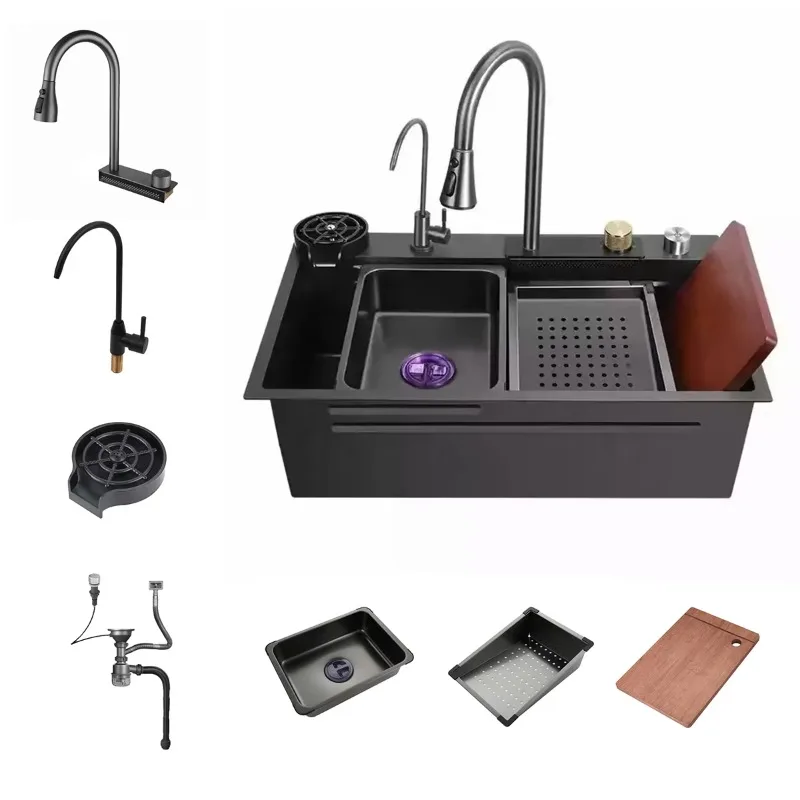 

2025 Kitchen Sink 304 Stainless Steel Kitchen Sink Faucet Modern Black Waterfall Rainfall Single Bowl Kitchen Sink Set