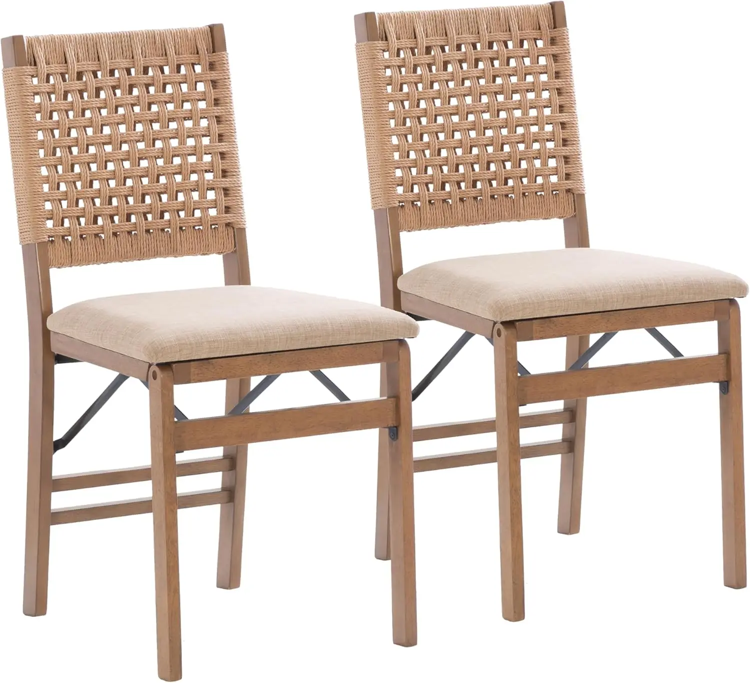 Silla plegable natural con respaldo de cuerda tejida y asiento tapizado de lino, juego de 2