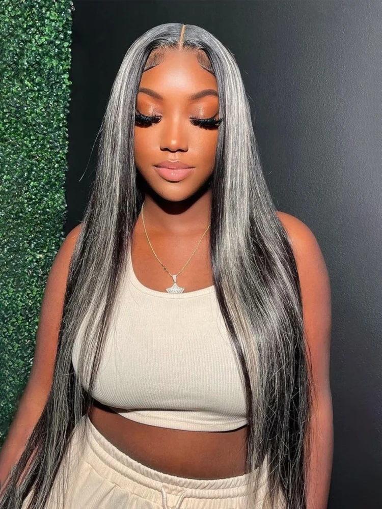 

Womens Silver Grey Straight Lace Front Wig 100% Brazilian HD Transparent Lace Frontal Human Hair 20-32 Inch Pre-Plucked