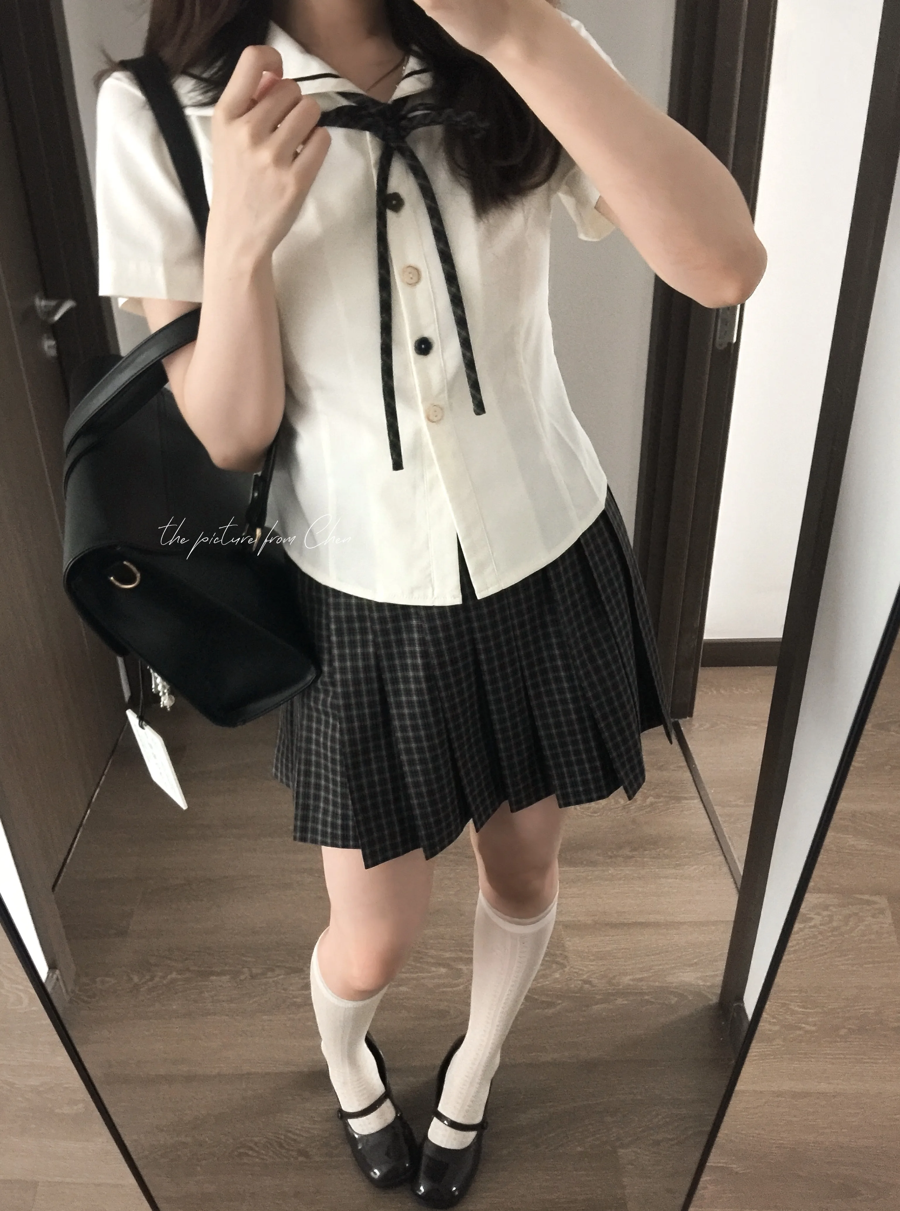 Coalfell 【Apricot Flower Time】Japanese Style Elegant Pleated Plaid Skirt Women College White Sailor Collar Short Sleeve JK Shirt