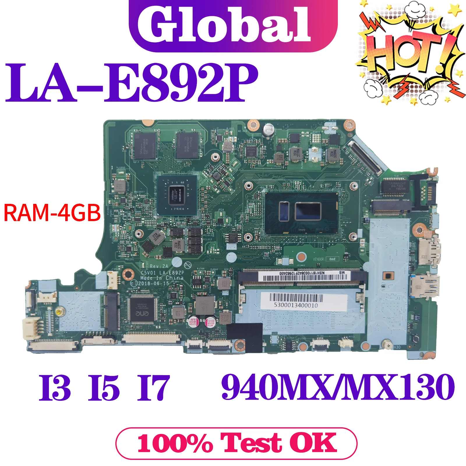 Mainboard For ACER Aspire A515-51G A615-51G A315-51G Laptop Motherboard LA-E892P Maintherboard i3 i5 i7 RAM-4GB 940MX/MX130