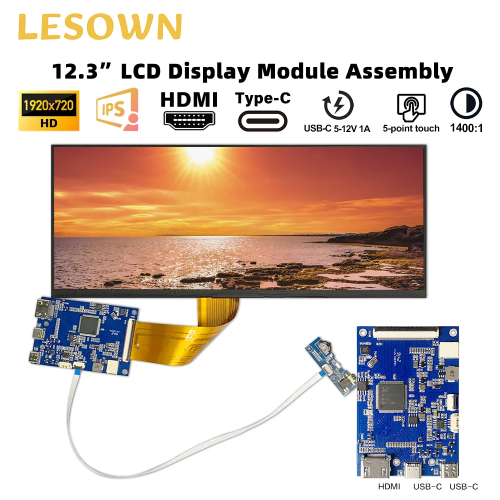 LESOWN 12.3 Inch Touch Screen Display Module 1920x720 LCD Monitor Stretched Display Capacitive Panel DIY Industrial HDTV