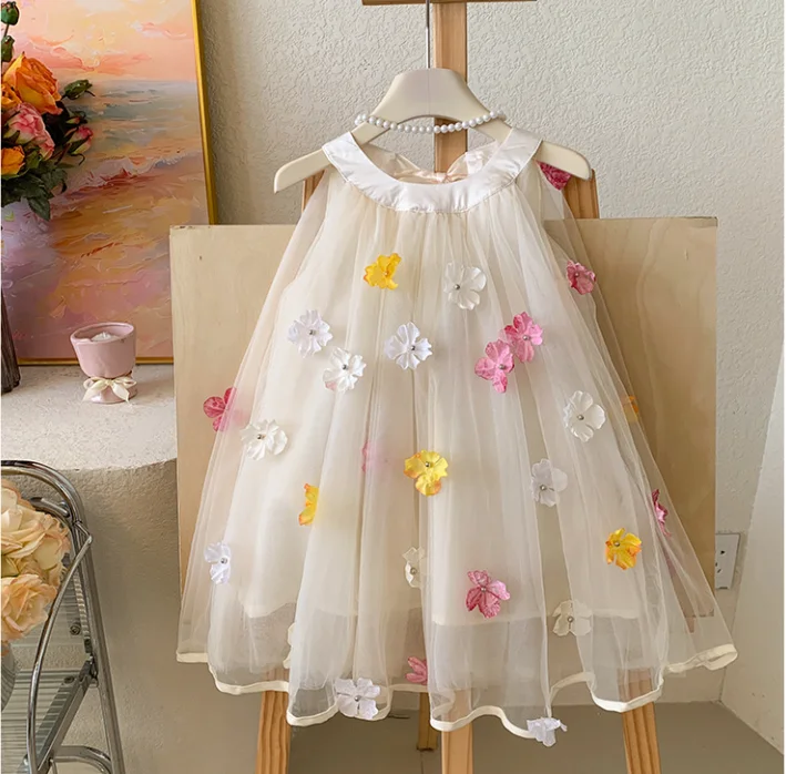 

New Baby Summer Girls Sweet Floral Vest Tulle Dress, Princess Kids Candy Party Dresses 2-7 T