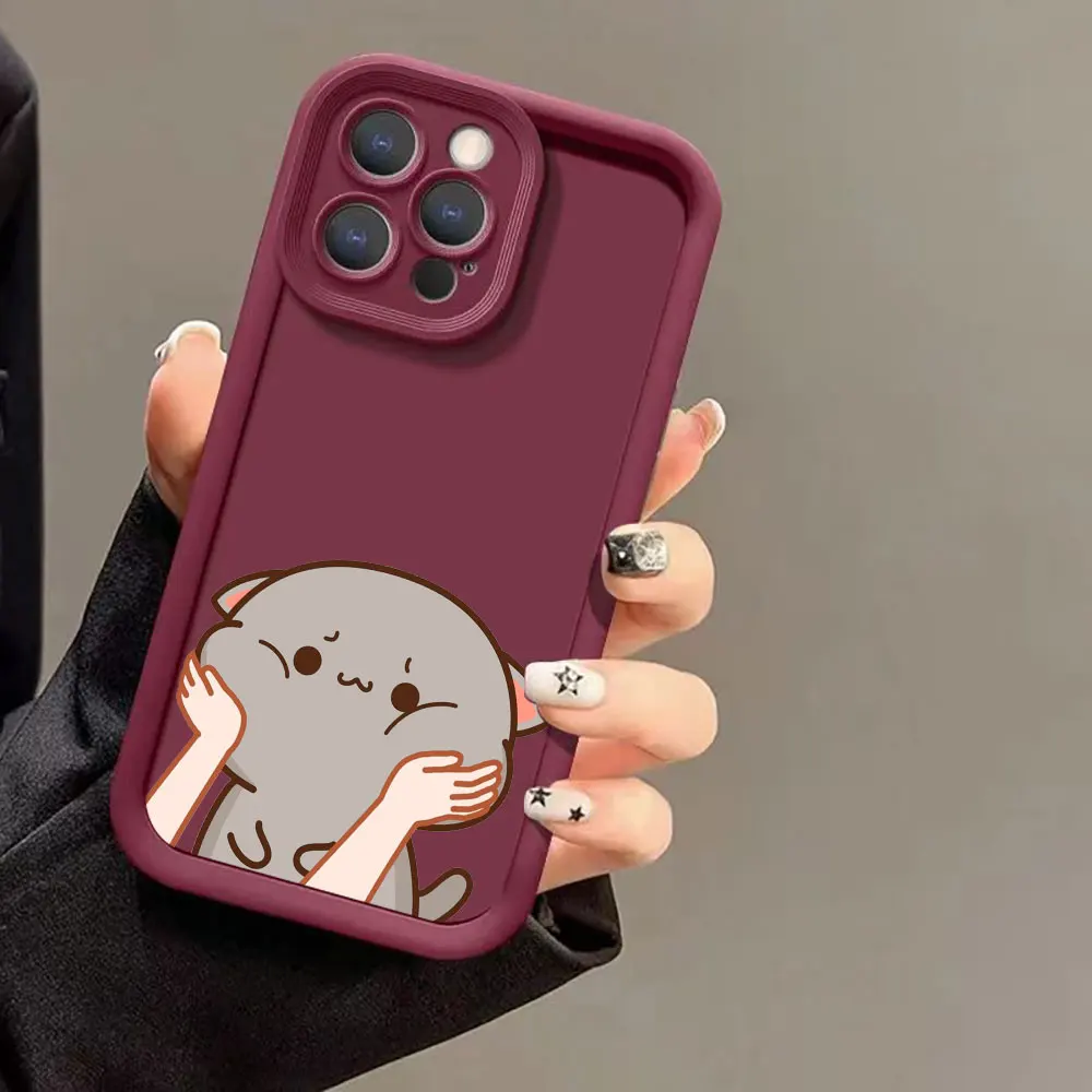 Cartoon Peach Goma Mochi Cat Phone Case For iPhone 15 14 13 12 11 Pro Max 8 7 Plus X SE XSMax Liquid Eye Ladder Shockproof Cover