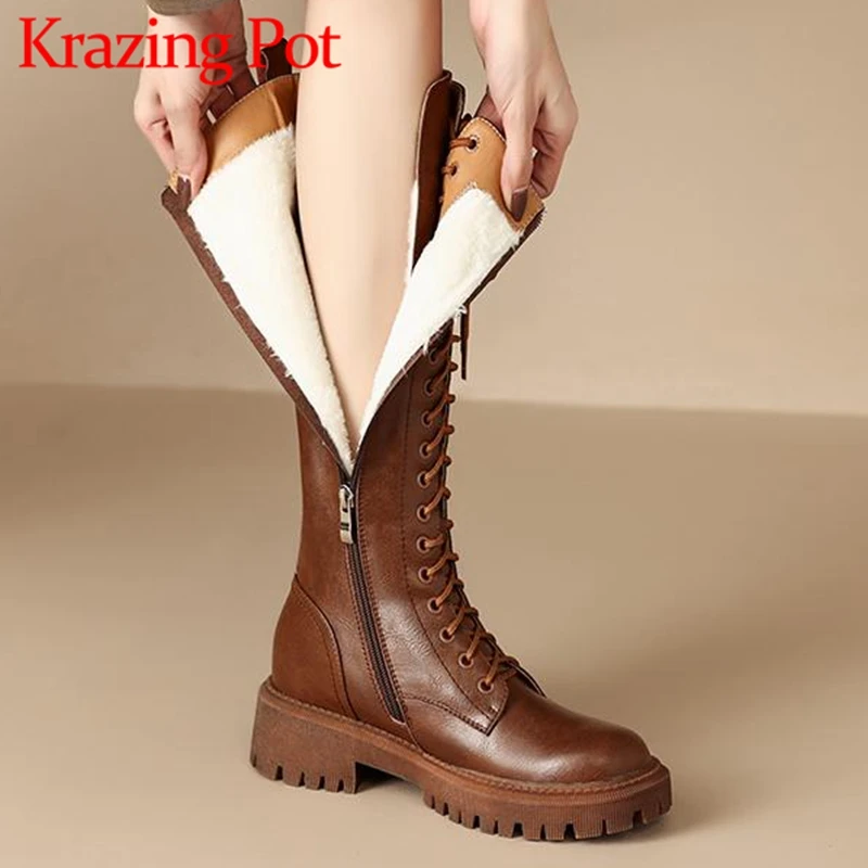 

Krazing Pot Genuine Leather Med Heels Round Toe Snow Boots Platform Rivets Keep Warm Fur Cross-tied Zipper Over-the-knee Boots