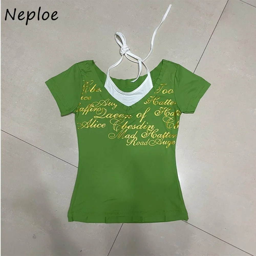 Neploe ספרותי וינטג 'הפאנק סגנון הפירוק חולצה מזויפת שתי חתיכות אמריקאי מתוק סקסי שרוול קצר העליון רזה y2k goth mujer