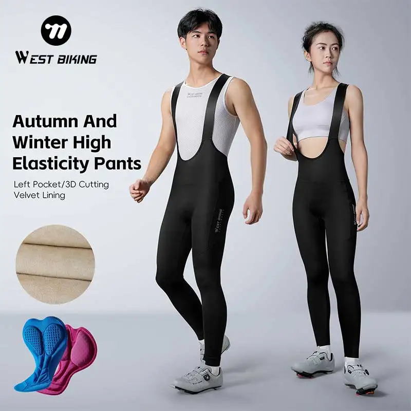 WEST BIKING Cycling Pants Autumn Winter High Elasticity Slim Fleece Braces Pants Velvet Lining Warmth Tights Outdoor Sports Wear