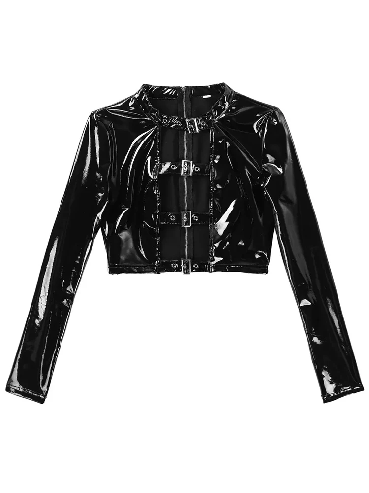 S-3XL لامعة فو بولي Leather الجلود طويلة الأكمام قميص الجوف خارج الرطب نظرة بولي كلوريد الفينيل بوستير الجوارب الأعلى مثير المحاصيل القمم كلوبوير التي شيرت Croptop #5