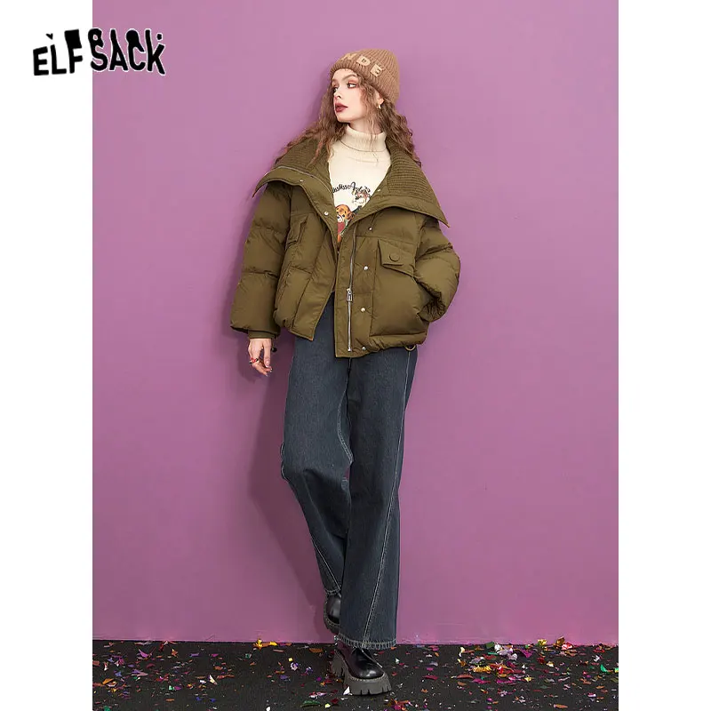 ELFSACK Olive Green Down Coats Women 2023 Winter New Lapel Loose Designed Jackets