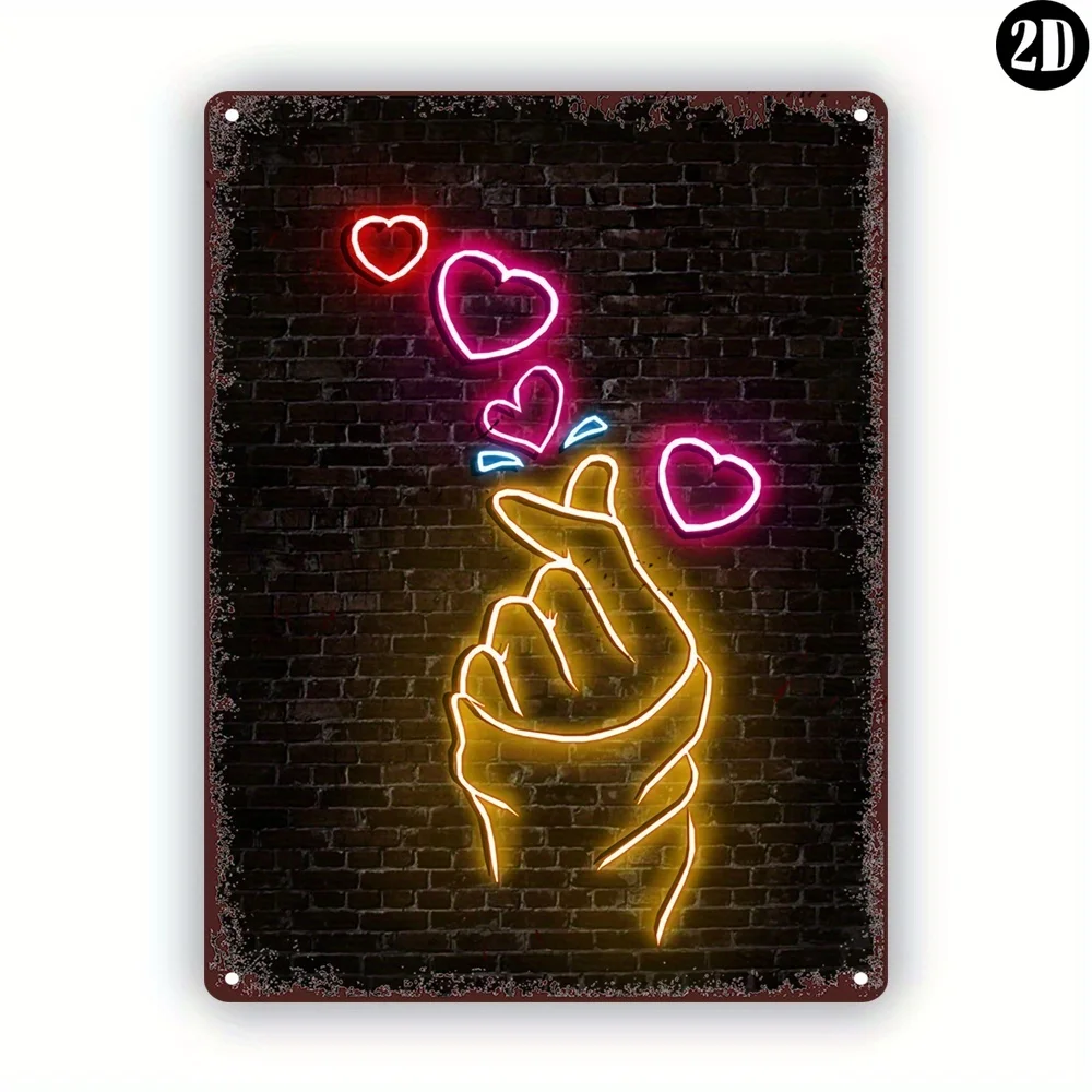 Vintage Metal Tin Sign, Neon‑Style NO LED Lights，Heart Hand Gesture Neon Style Wall Art Decor for Home Office Bar Cafe