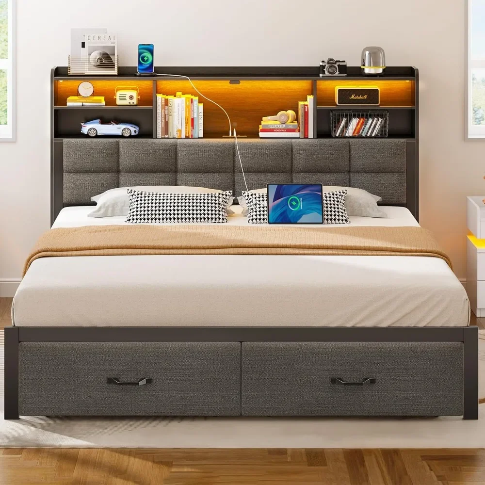 Bed Frame King Size with Drawers and Charging Station, Upholstered Platform Bed with Storage Headboard and LED Light