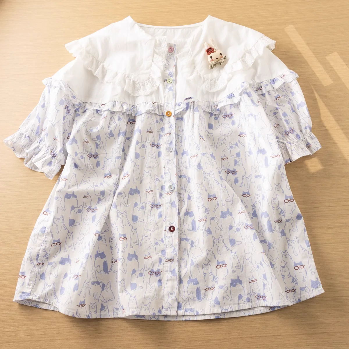 Mori kei kawaii peter pan collare blu nero cartone animato gatto stampato camicie e camicette donna top stile giapponese dolce lolita abbigliamento