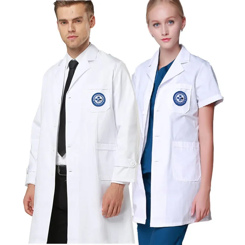 

Lab Coats Women Men Stylish White Coat Short Long Sleeve Polyester Cotton Buttons Front Consultation Work Tunic Suit