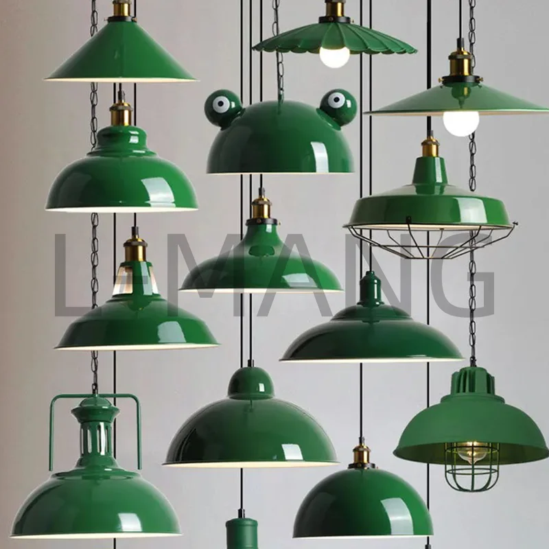 

Retro American Iron Art Pendant Light Led E27 Dining Table Chandelier Industrial Style Lighting Green Lamps for Living Room