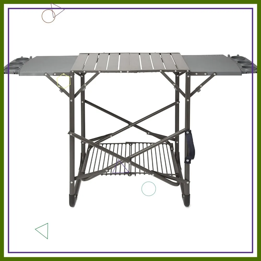 

Portable Folding Grill Table with Side Tables, Cup Holders, Tool Hooks & Storage Shelf for BBQs and Camping
