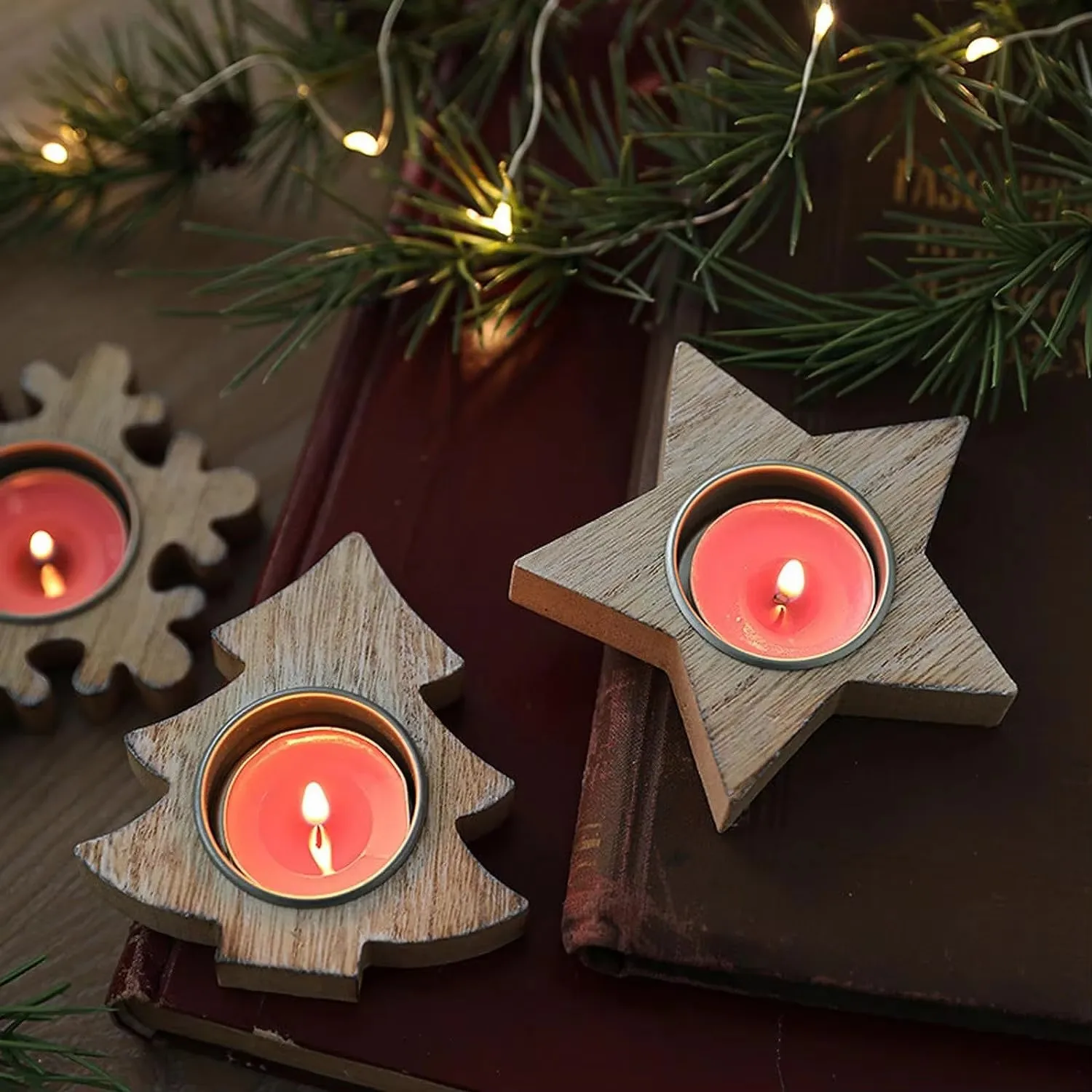 1/3pc Wooden Xmas Snowflake Candlestick Christmas Tree Shape Candle Holder For Home Decor New Year Party Christmas Decoration