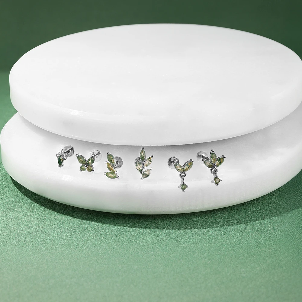 AIDE Wasser Gras Achat 925 Sterling Silber Flachkopf Faden Piercing Ohrring Grünes Moos Piercing Ohr Knochen Ohrring Schmuck 1 Stück – Detail 6