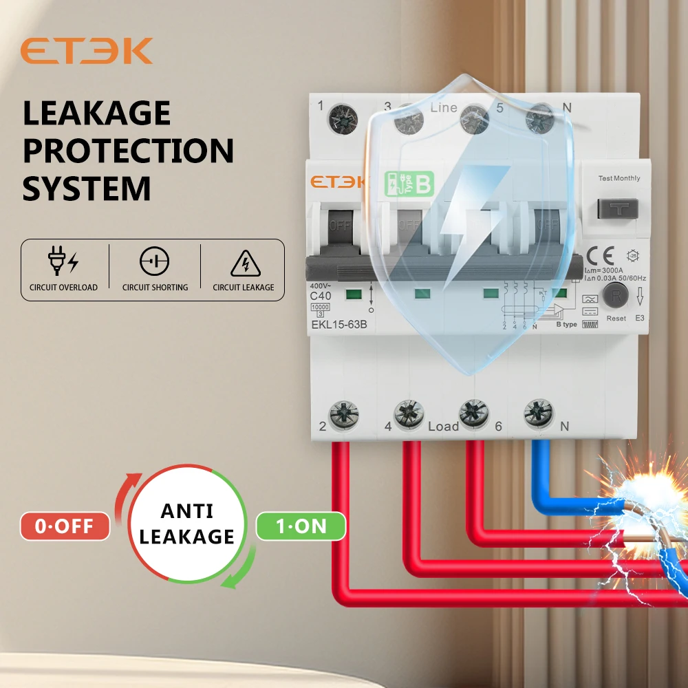 Imagem -06 - Etek-rcd Disjuntor Atual Residual sobre a Proteção Atual e do Vazamento 30ma tipo b 40a Rcbo 1000ka 2p4p Ekl15 Baixa Tensão