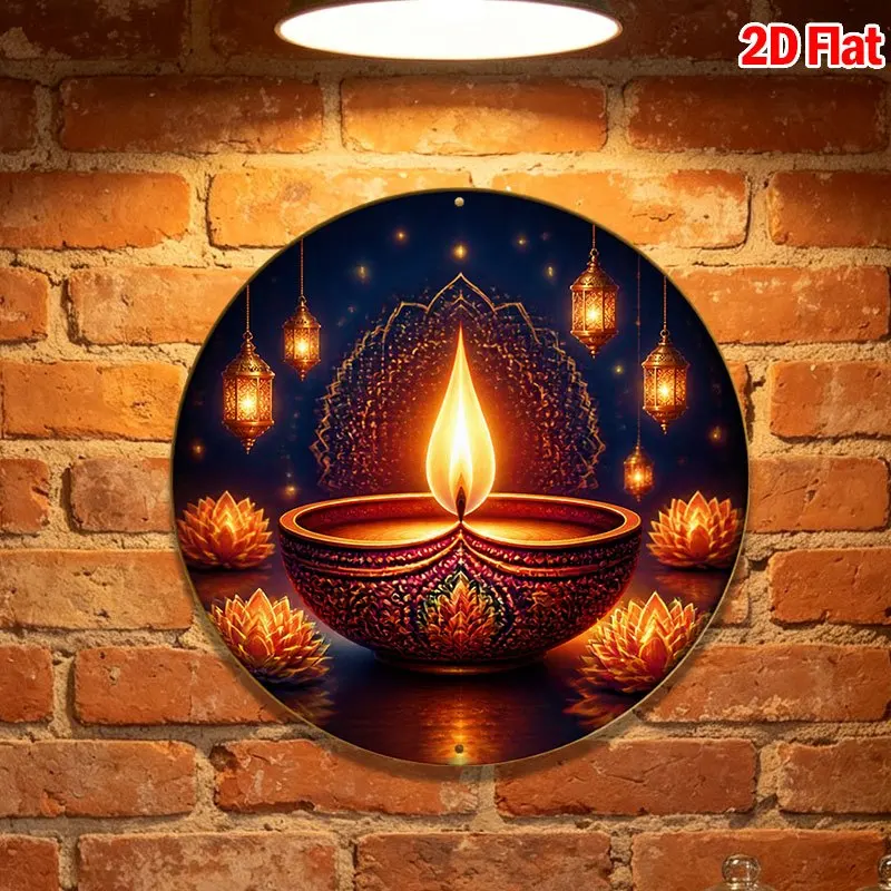 CIFBUY Retro Happy Diwali Lotus Mandala Diya Aluminum Wall Art Waterproof Wearproof Home Yard Room Decor Gift