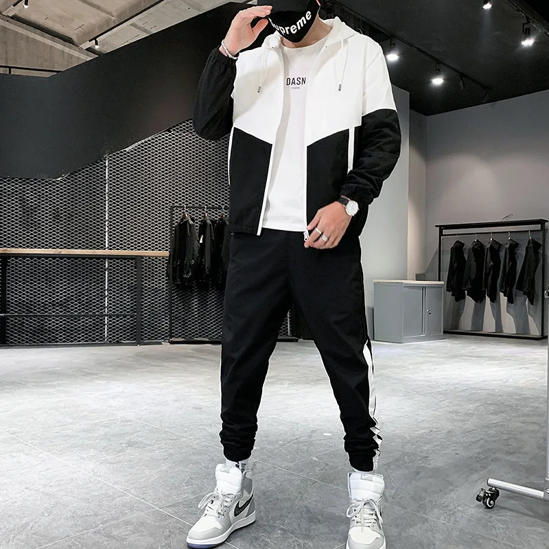 Casual Patchwork Tracksuit for Men Fashion Spring Autumn Hooded Zipper Jackets and Sweatpants Two Pieces Suits Male Sportswear