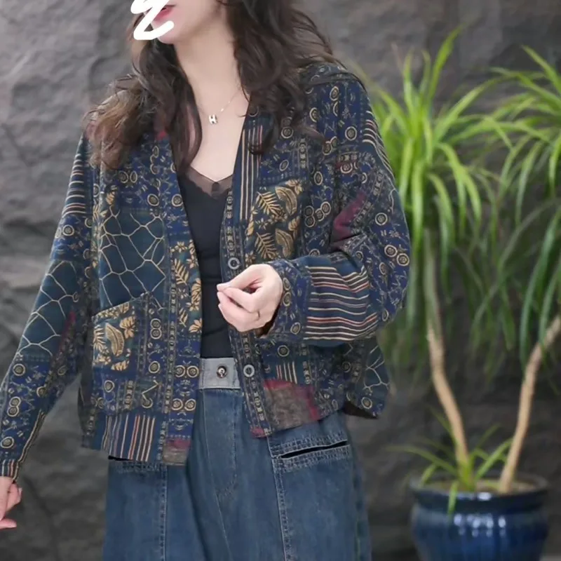 

2026 Autumn Women Literary and Ethnic Style Double-sided Short Jacket Thin Loose Foreign Style Top Printed Cardigan Long Sleeves