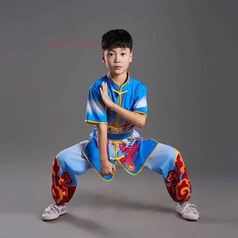 2026 chinese children wushu tai chi uniform wushu kung fu martial arts suit vintage dragon phoenix print training exercise set