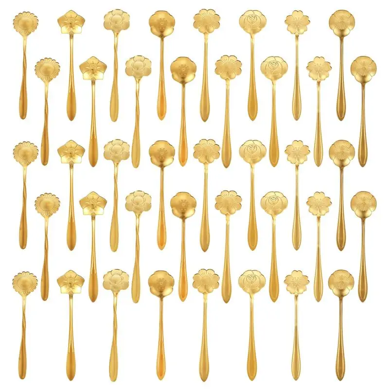 

B62B-40Pcs Gold Coffee Spoons Stainless Steel Flower Dessert Spoons 5 Inches Demitasse Spoons For Tableware Kitchen,Cafe,Bar