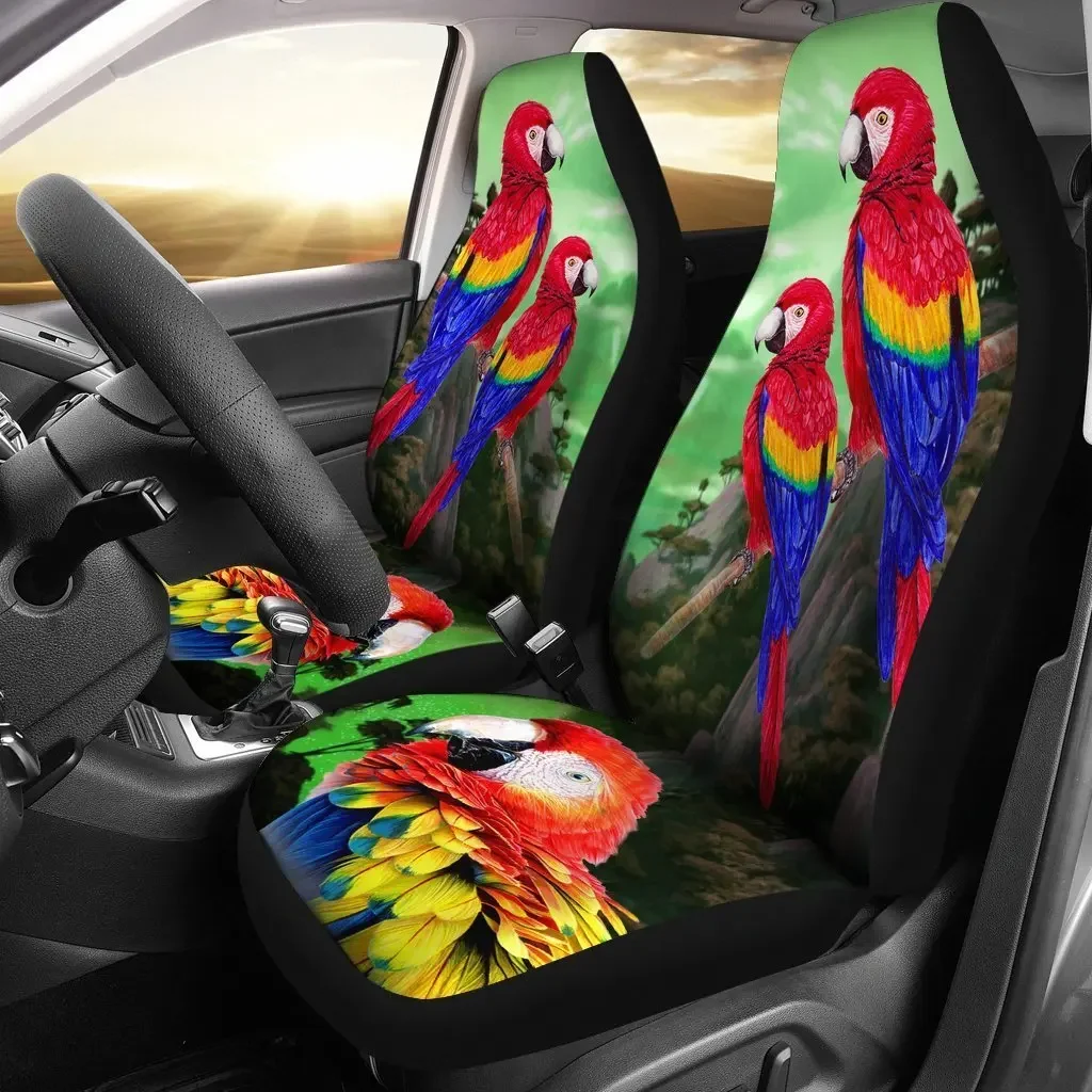 Lovely Scarlet Macaw Parrot Print Car Seat Covers Set 2 Pc, Car Accessories Seat Cover