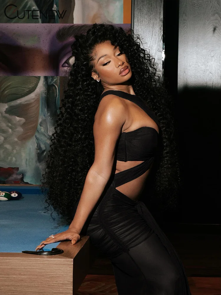 Cutenew Mesh Asymmetrische Maxi Jurk Vrouwen Sexy Sheer Helling Schouder Geplooide Prachtige Bodycons Vrouwelijke High Street Party Gewaad