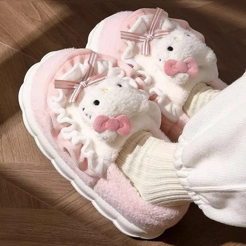 

Популярные хлопковые тапочки Sanrio Hello Kitty Girl с героями мультфильмов Kuromi Princess Kawaii, модная домашняя обувь, зимняя теплая меховая обувь, легкая новая