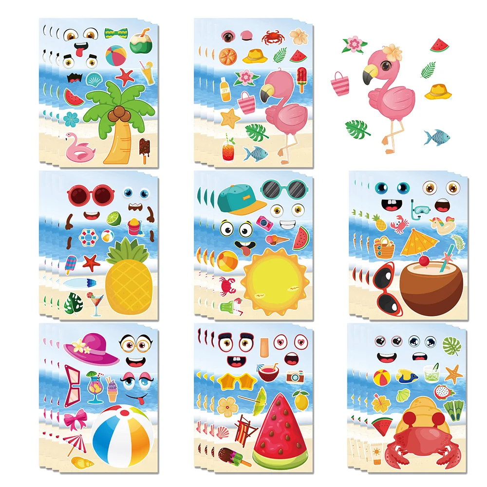 8/16Sheets Cartoon Summer Make A Face Puzzle Stickers PVC Material Children’s Educational Toys Waterproof Party Gifts Stickers.