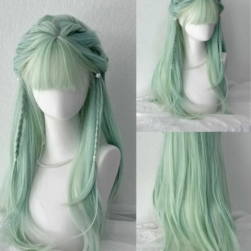 Light Green Wig for Women Long Straight Hair Summer Green Wigs with Bangs Natural Simulation Human Hair Headband Lolita Wig