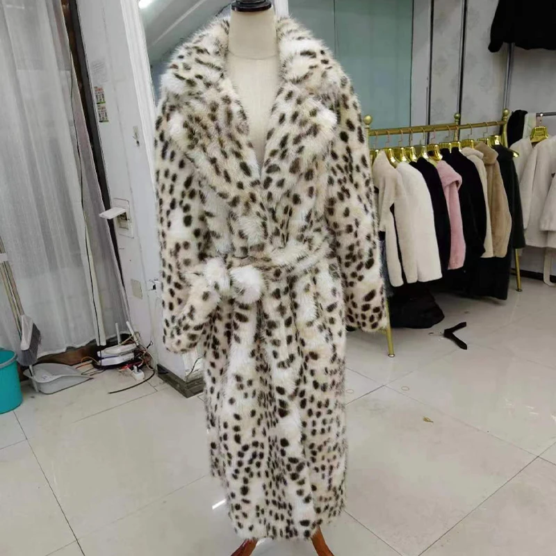 Winter 2024 New Long Belted Leopard Faux Fox Fur Long Coat Women Overcoats Ladies Stylish Street Fashion Fluffy Fox Fur Jacket