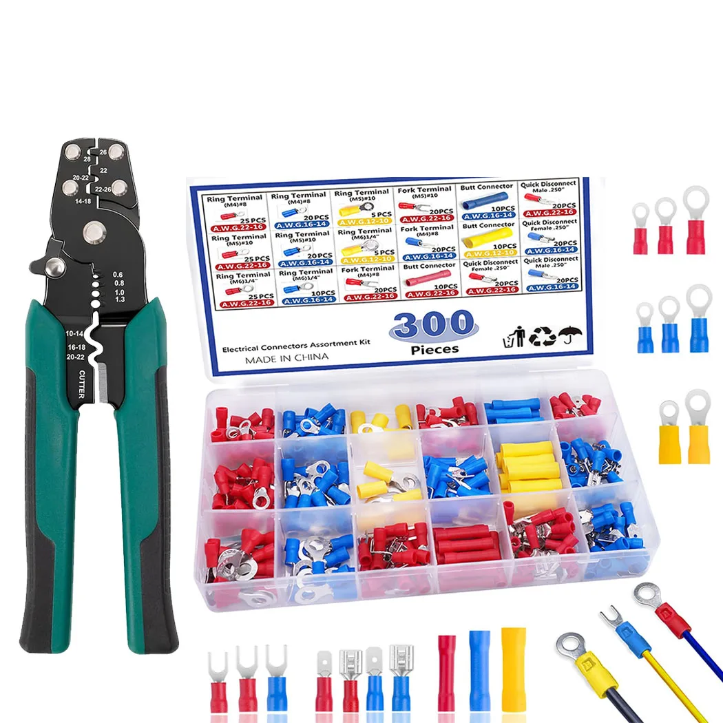 300PCS Wire Connector Kit Male Female Insulated Terminals Cold Crimp Terminals Assorted Crimp Terminals Spade with Piler