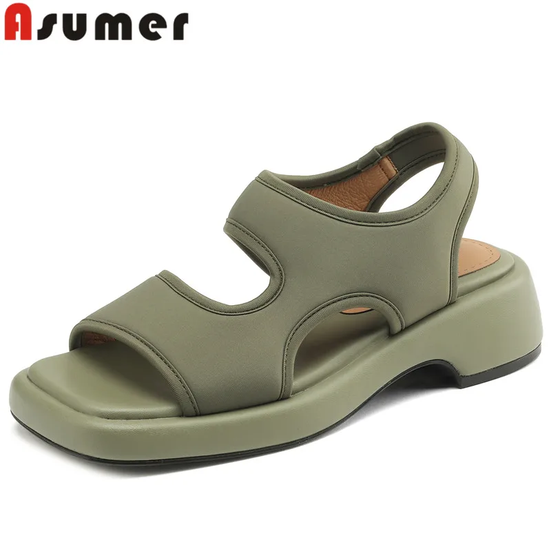 ASUMER 2024 New Slip On Stretch Spandex Sandals Woman Ladies Casual Summer Shoes Square Med Heels Platform Sandals