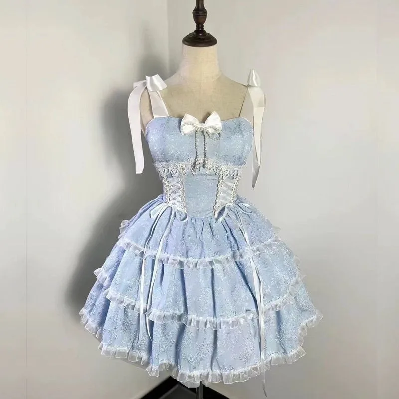 Verão doce lolita vestido de princesa feminino elegante renda retalhos arco em camadas bolo vestido y2k harajuku design de moda cinta vestido