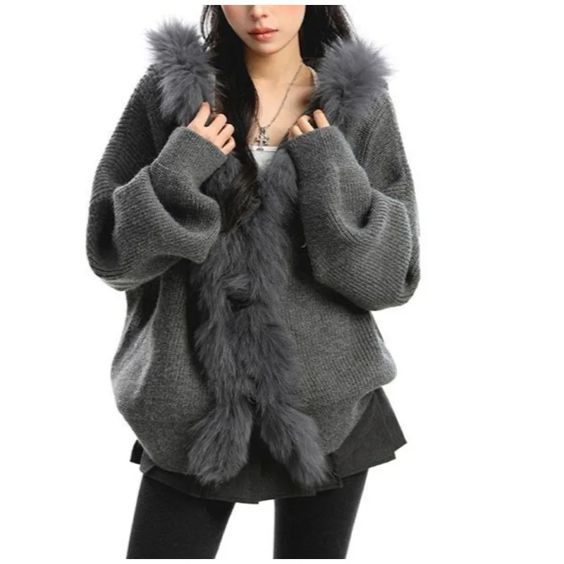 Lazy Temperament Loose and Slim Knitted Jacket Large Fur Collar Patchwork Hooded Sweater Women's Autumn and Winter