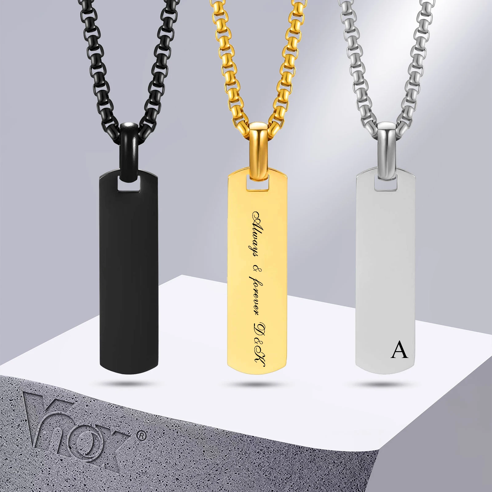 Vnox Free Customized Bar Necklaces for Men Women, Stainless Steel Vertical Bar Pendant with Box Chain,Personalize Geometric Gift