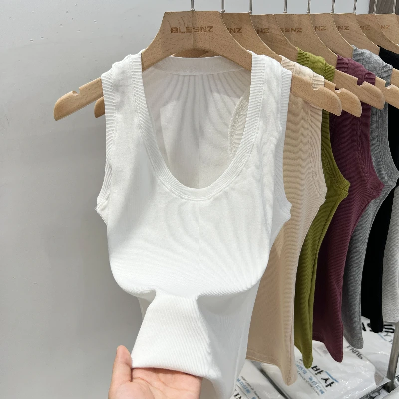 Canotta Estiva 2026 da Donna, Modello Basic, Elastica, Tinta Unita, Scollo Rotondo Basso, a Costine, Stile Coreano, Versatile, Vestibilità Slim