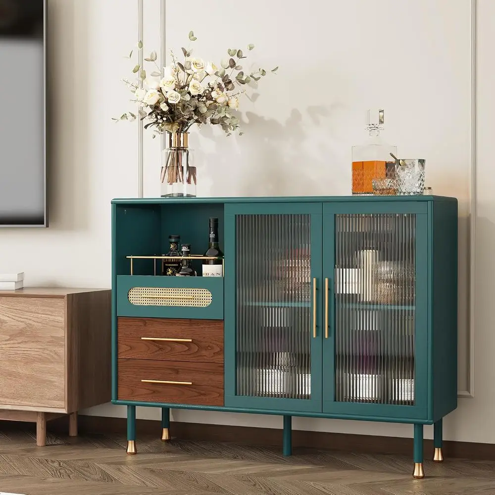 48 Green Coffee Bar Cabinet with Wine Racks and Drawers, Expandable Sideboard for Bar Cart, Kitchen, Dining, Living Room