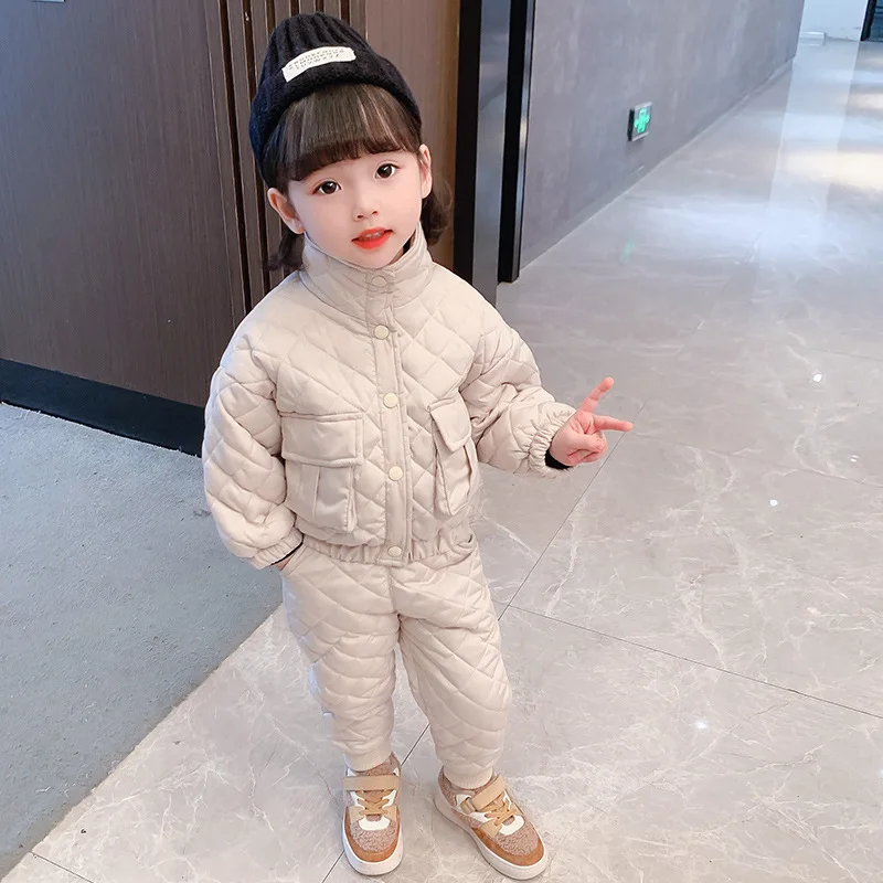 

Girls' Cotton Clothes Set Autumn Winter New Fashion Stand Collar Thicked Jacket + Loose Warm Cotton-padded Pants Two piece Suit