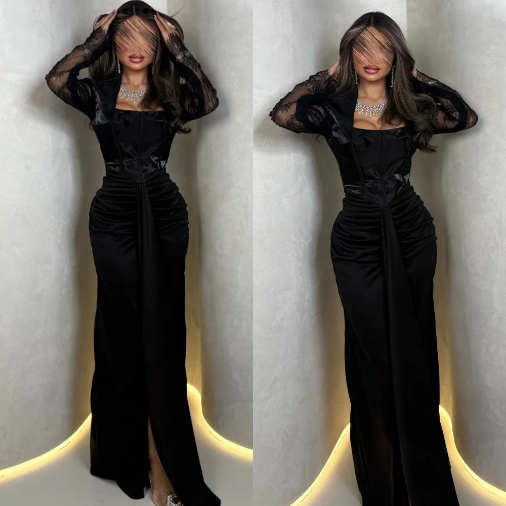 

Customized Exquisite Square Collar Lace Long Sleeves Evening Dress Temperament Black Mermaid Prom Dresses Delicate Party Gowns