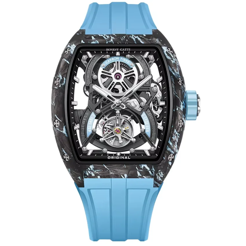 BONEST GATTI Men Tourbillon Watch Tonneau Automatic Mechanical Wristwatch Carbon Fiber Case Luminous Skeleton Sapphire Mirror