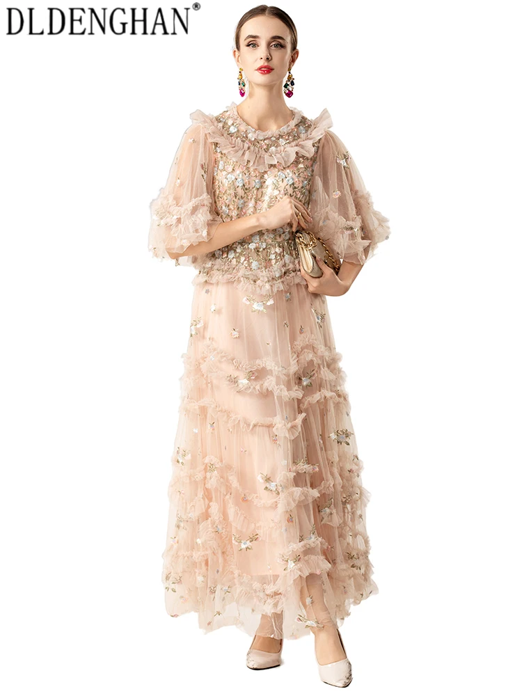 Dldenghan feminino o-pescoço mangas alargamento bordado em camadas borda babados primavera verão boêmio maxi vestido