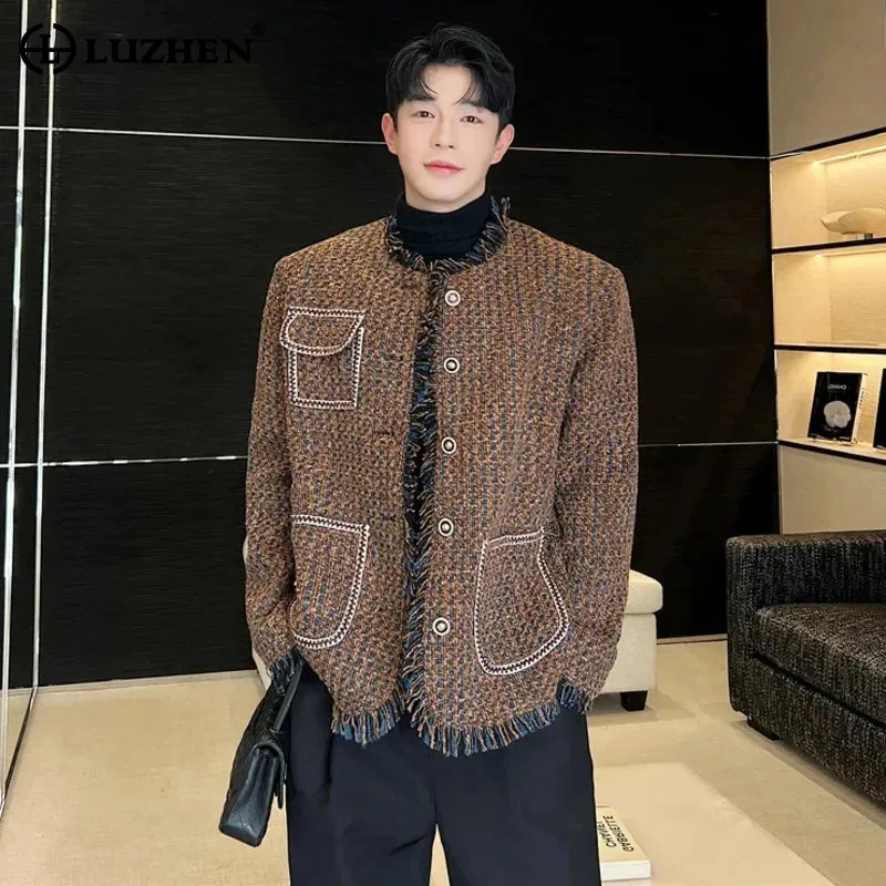 

LUZHEN Tweed Woven Suit Jacket Trendy Men's Damaged Rough Edges Burrs Original Design Korean Elegant Stylish Blazer Coat LZ1730