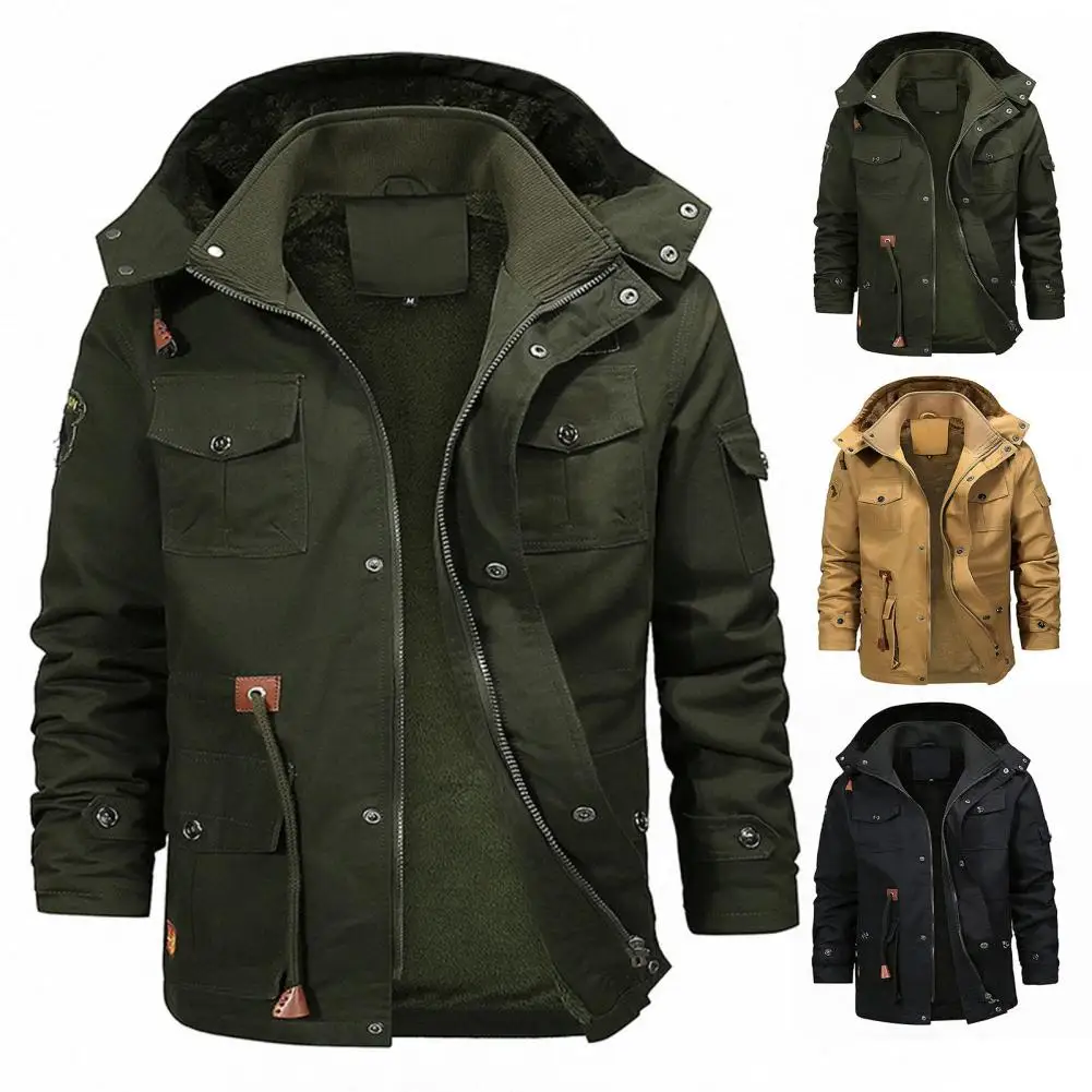 Men Winter Jacket Parker's Coat Detachable Hooded Fleece Lining Multi Pockets Zipper Placket Outwear Plush Military Male Clothes