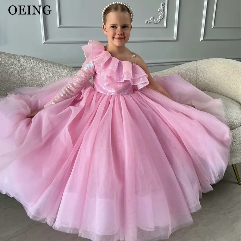 

Роскошное розовое платье для девочек OEING с цветочным узором, на одно плечо, с пайетками, с длинными рукавами, для дня рождения, платье принцессы, на заказ